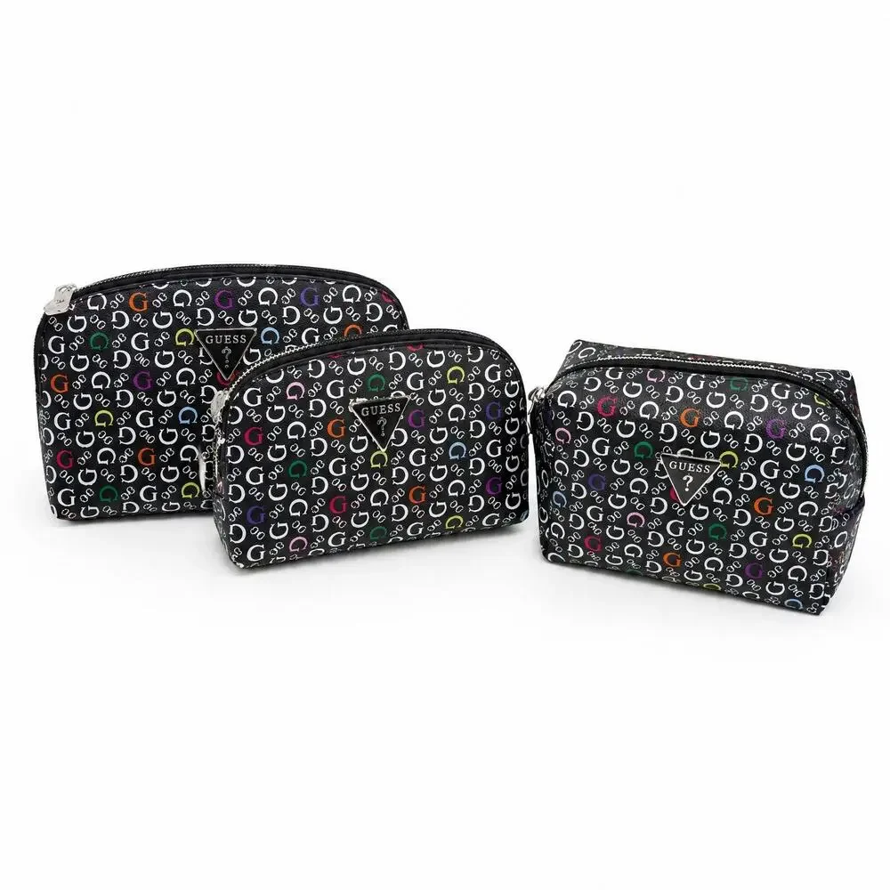 GUESS 3-Piece Cosmetic Bag Set Multi-Color Logo Print Travel Pouch